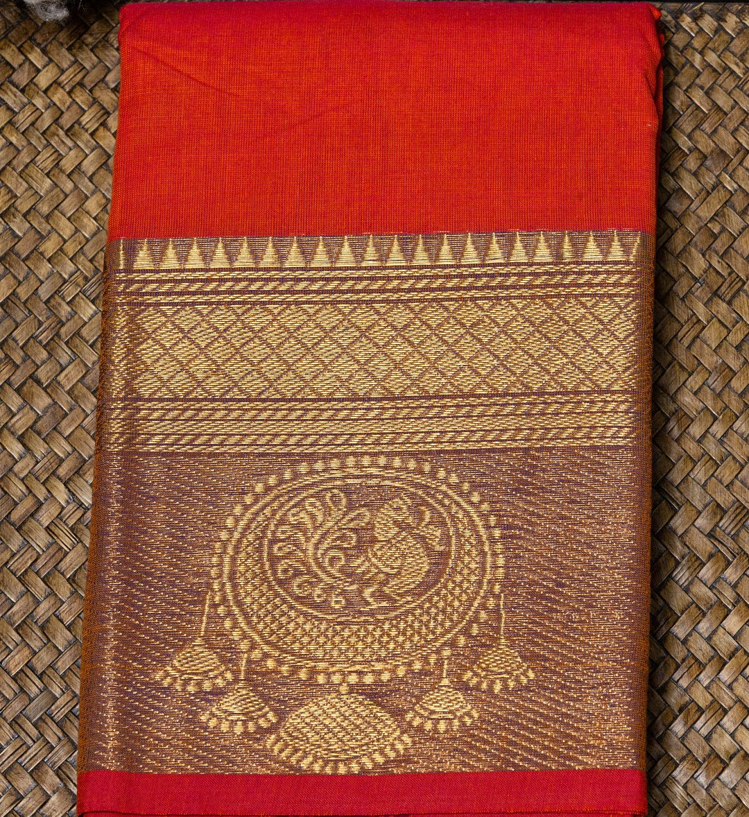 Radiant Devotion: Bright Orange Temple Border Chettinad Cotton Saree with Jewel Design - swadeshsouq.com