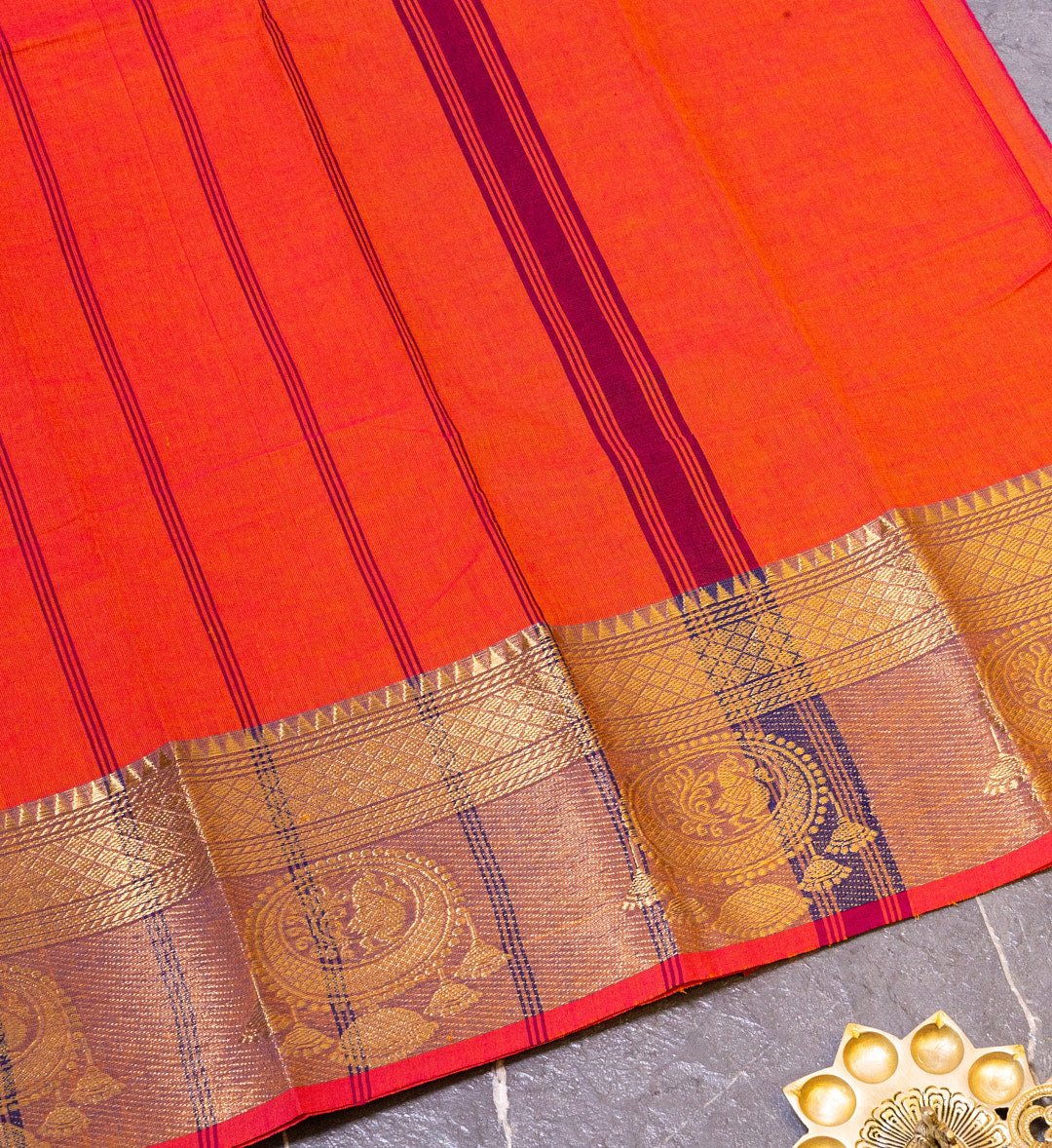 Radiant Devotion: Bright Orange Temple Border Chettinad Cotton Saree with Jewel Design - swadeshsouq.com