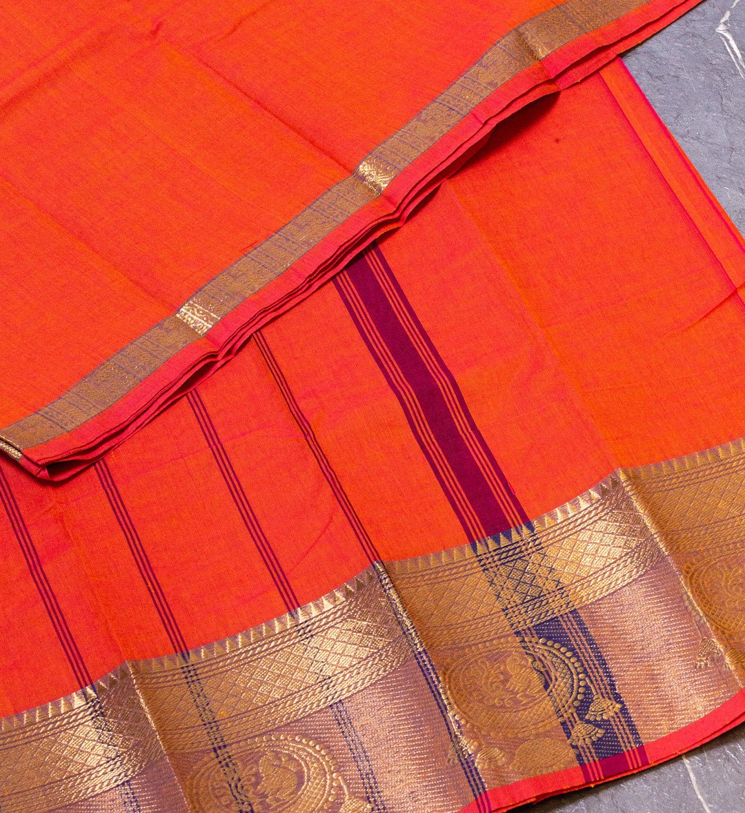 Radiant Devotion: Bright Orange Temple Border Chettinad Cotton Saree with Jewel Design - swadeshsouq.com