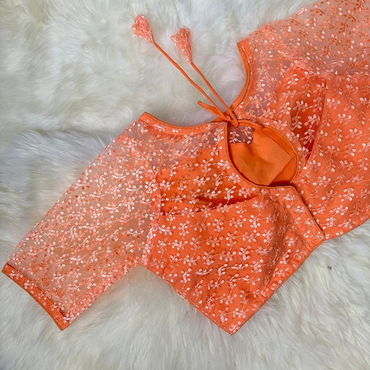 Radiant in Orange: A Sequined Raschel Netted Blouse. - swadeshsouq.com