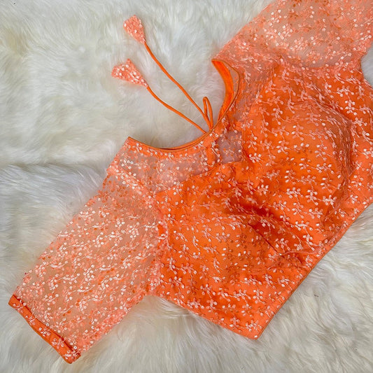 Radiant in Orange: A Sequined Raschel Netted Blouse. - swadeshsouq.com