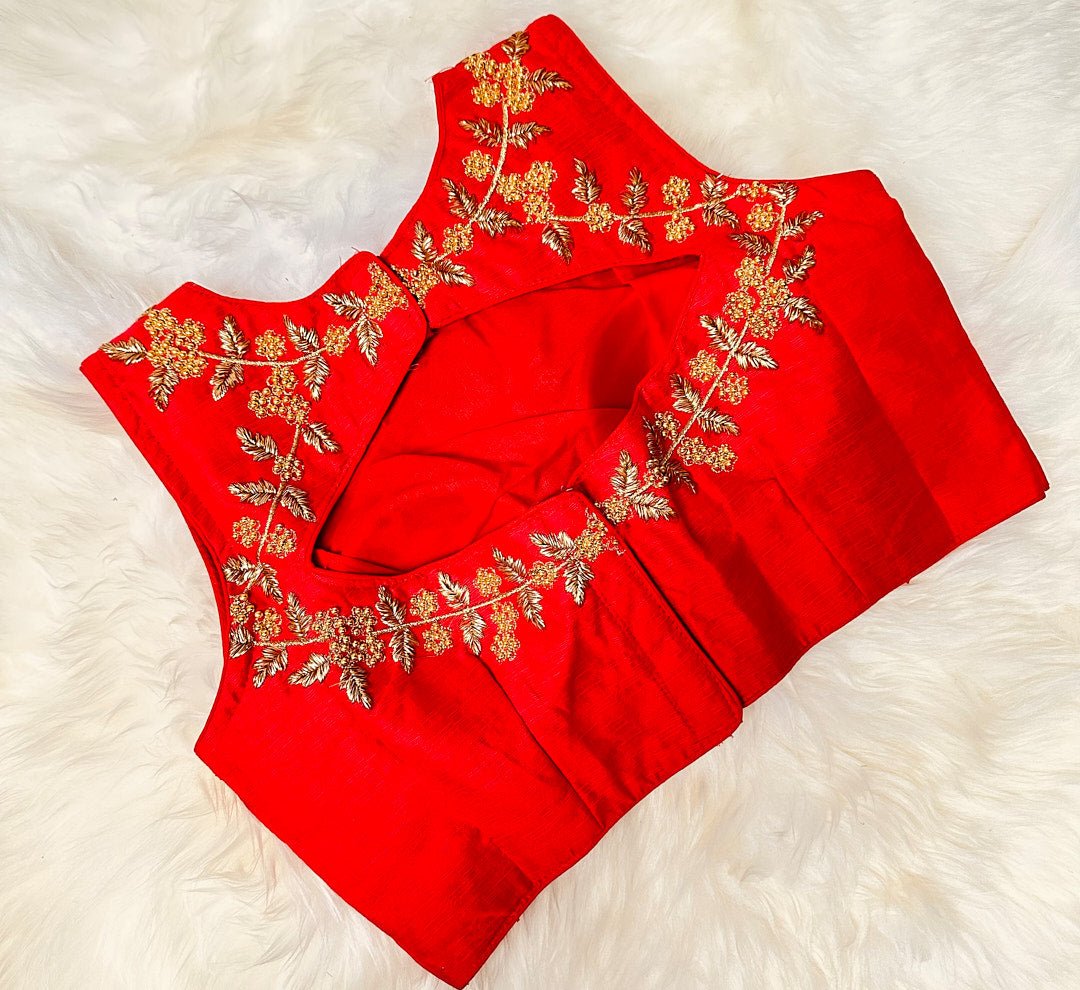 Radiant in Red: Unleash Your Inner Glamour with this Raw Silk Blouse Adorned with Golden Zardosi Work - swadeshsouq.com