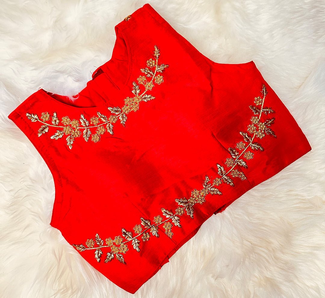 Radiant in Red: Unleash Your Inner Glamour with this Raw Silk Blouse Adorned with Golden Zardosi Work - swadeshsouq.com