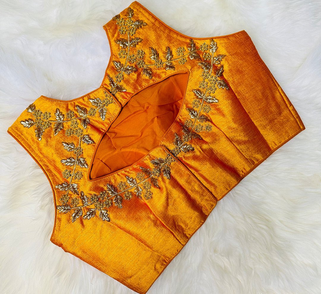 Radiant in Yellow: Embrace the Sunshine with this Raw Silk Blouse Adorned with Golden Zardosi Work - swadeshsouq.com