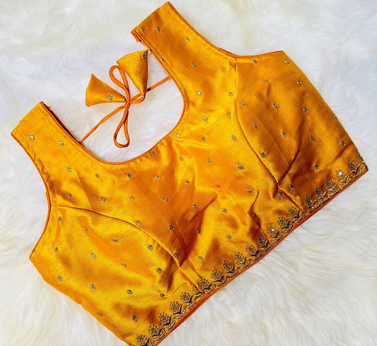 Radiant Jaipuri Elegance: Embrace Your Inner Glow with the Yellow Raw Silk Blouse with Golden Buttis. - swadeshsouq.com