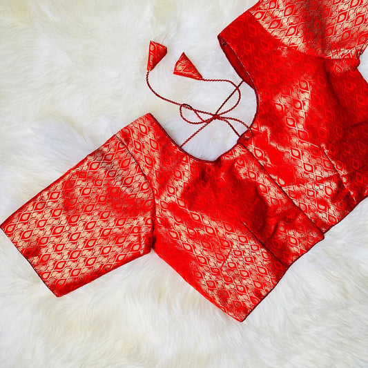 Radiate Elegance with a Red Brocade Blouse with Golden Leaf Patterns. - swadeshsouq.com