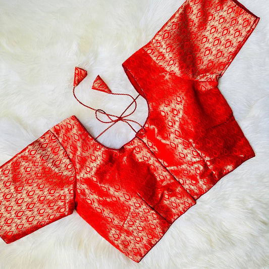 Radiate Elegance with a Red Brocade Blouse with Golden Leaf Patterns. - swadeshsouq.com