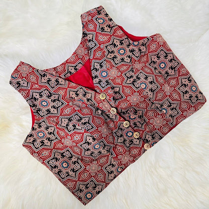 Ravishing Red: Pure Cotton Blouse with Ajrak Hand Block Print Design. - swadeshsouq.com