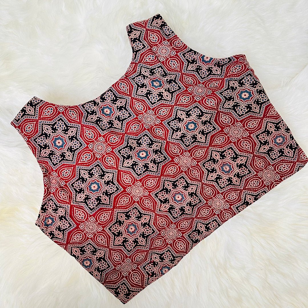 Ravishing Red: Pure Cotton Blouse with Ajrak Hand Block Print Design. - swadeshsouq.com