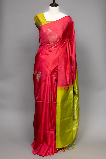 RAVISHING RHAPSODY: RED AND BRIGHT CANARY KANJEEVARAM SILK SAREE - swadeshsouq.com