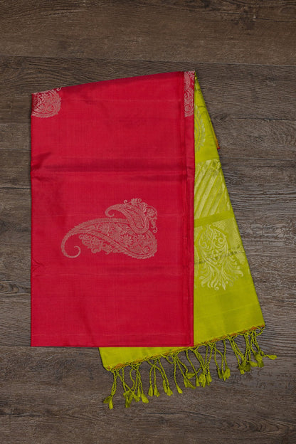 RAVISHING RHAPSODY: RED AND BRIGHT CANARY KANJEEVARAM SILK SAREE - swadeshsouq.com