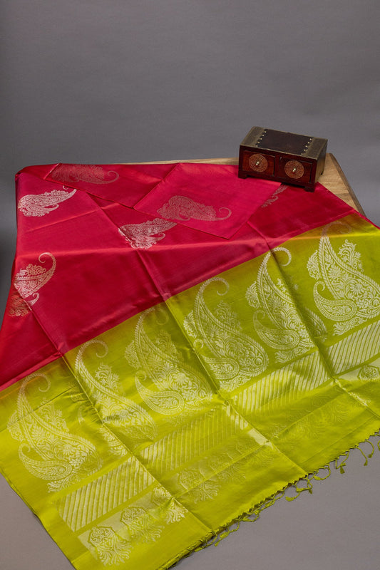 RAVISHING RHAPSODY: RED AND BRIGHT CANARY KANJEEVARAM SILK SAREE - swadeshsouq.com