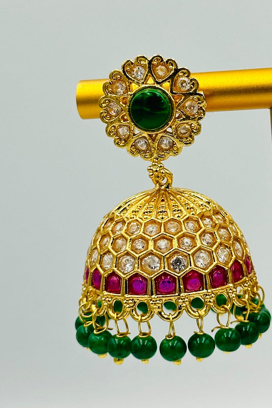 Red and Green Stone Jhumka Earrings - swadeshsouq.com