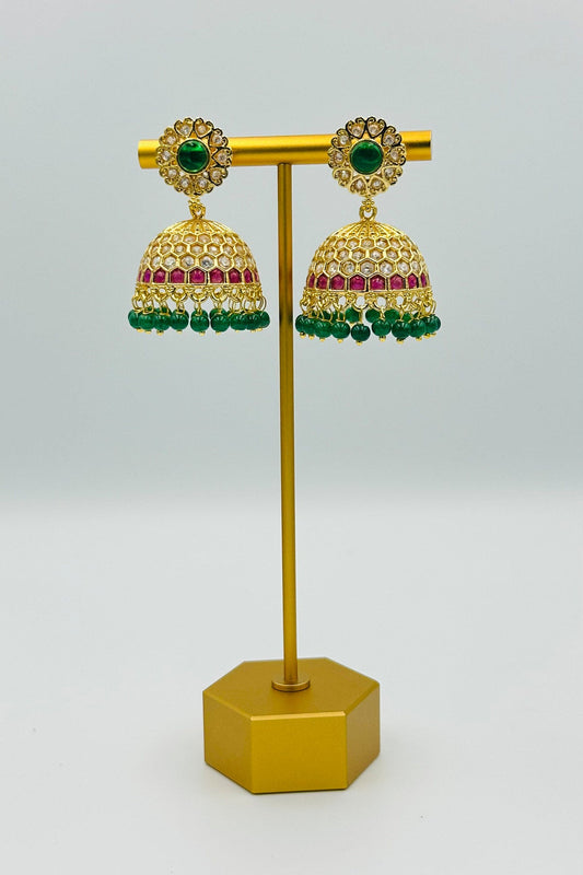 Red and Green Stone Jhumka Earrings - swadeshsouq.com