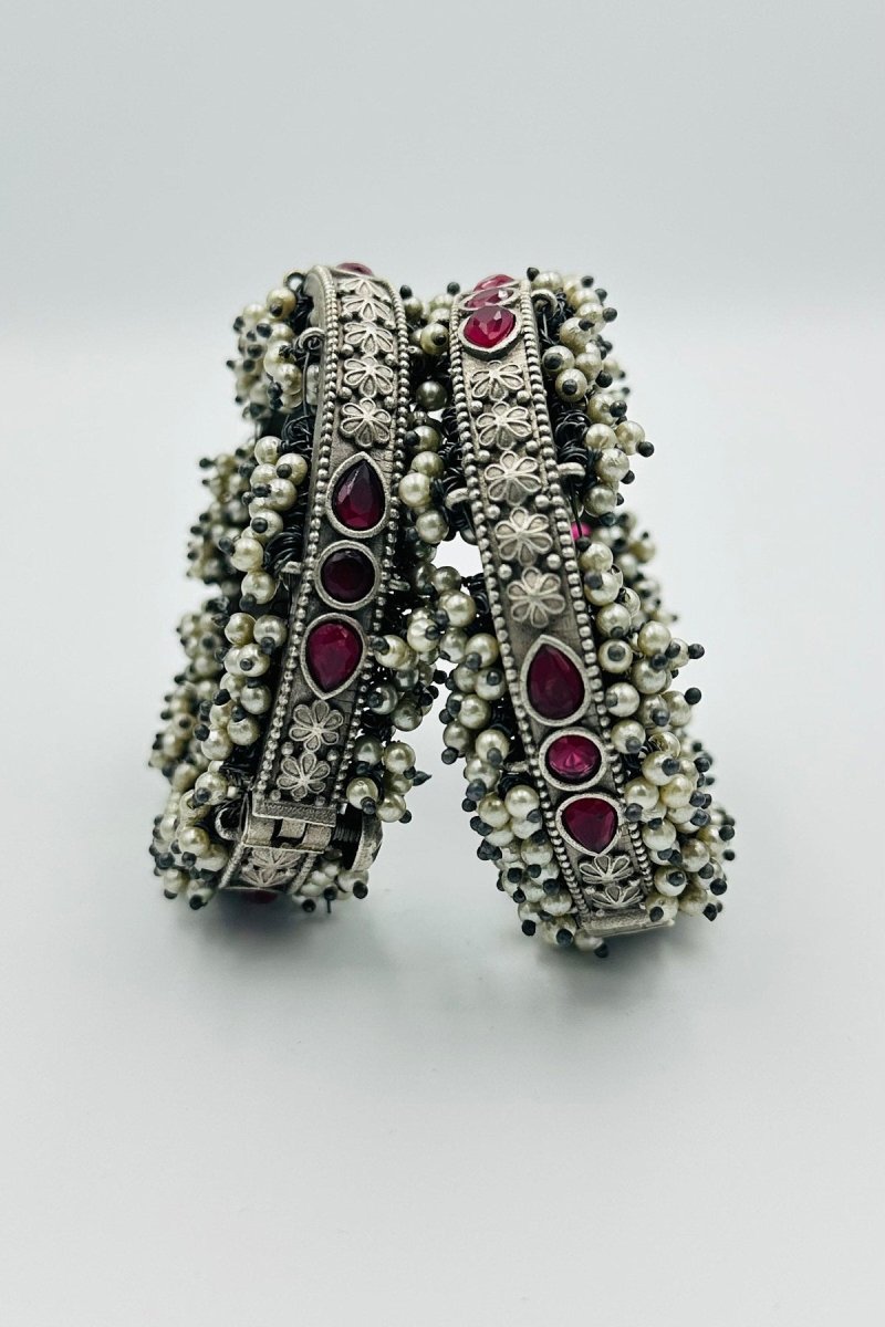 Red Petal Elegance: Pearl-Adorned Silver Bangles - swadeshsouq.com