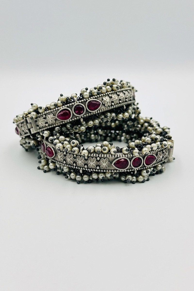 Red Petal Elegance: Pearl-Adorned Silver Bangles - swadeshsouq.com