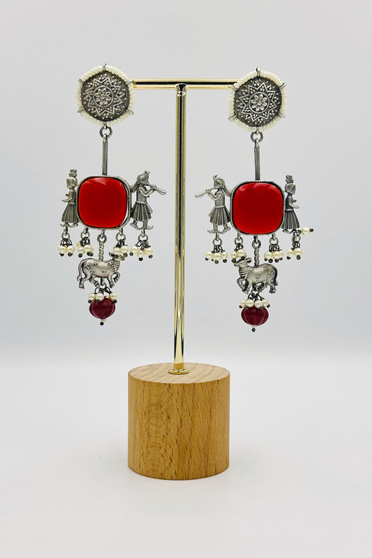 Red Silver Danglers with Artistic Intrigue - swadeshsouq.com