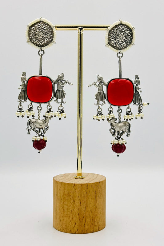 Red Silver Danglers with Artistic Intrigue - swadeshsouq.com