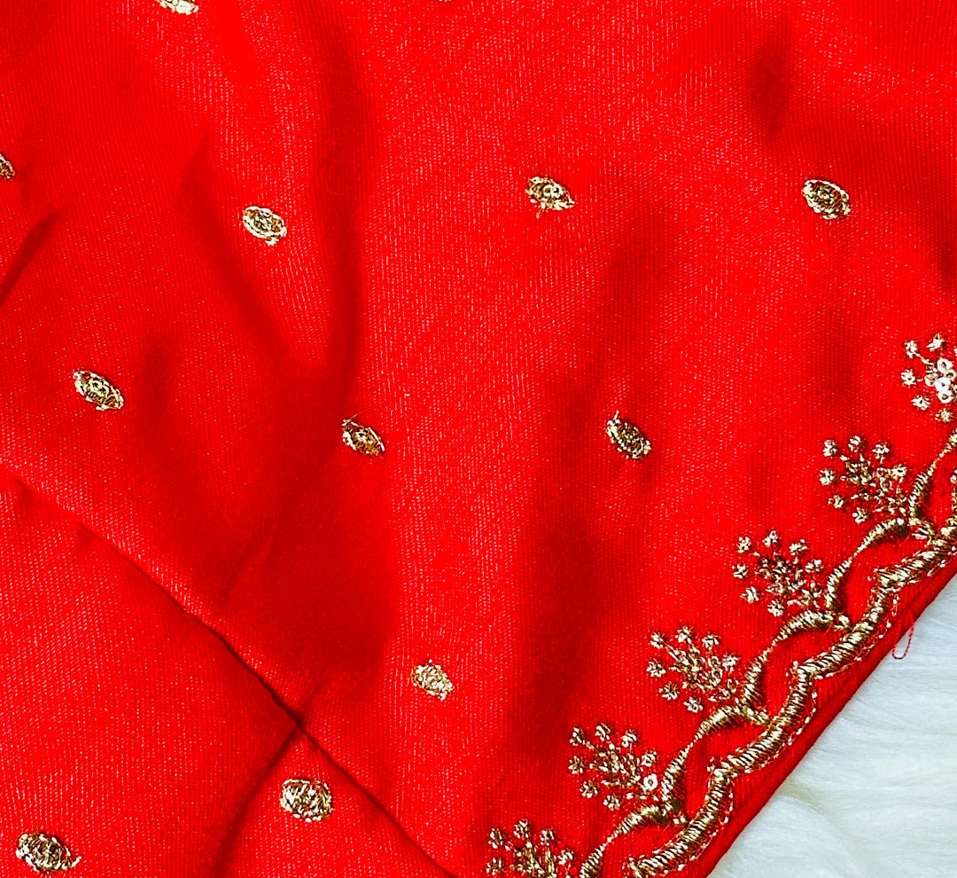 Regal Beauty: Embrace the Richness of Red with the Raw Silk Jaipuri Blouse with Golden Buttis. - swadeshsouq.com