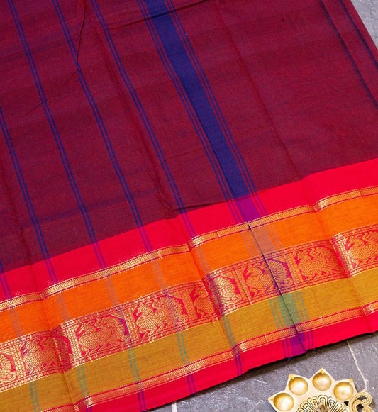 Regal Beauty: Embrace the Timeless Elegance of the Dark Maroon and Red Chettinad Cotton Long Border Saree. - swadeshsouq.com