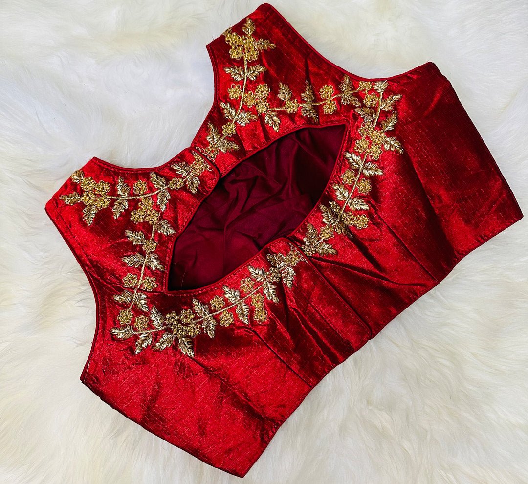 Regal Charm: Elevate Your Style with this Maroon Raw Silk Blouse Adorned with Golden Zardosi Work - swadeshsouq.com