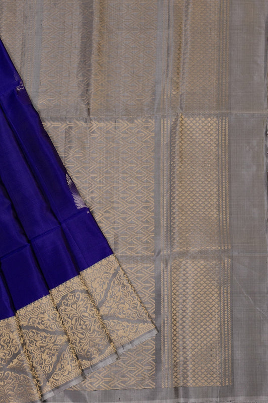 REGAL ELEGANCE: ROYAL BLUE AND SILVERISH GREY KANJIEEARAM SILK SAREE WITH SILVER ZARI BORDERS - swadeshsouq.com