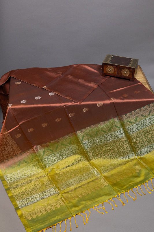 Regal Elegance: Rust Brown & Earls Green Kanjeevaram Saree - swadeshsouq.com