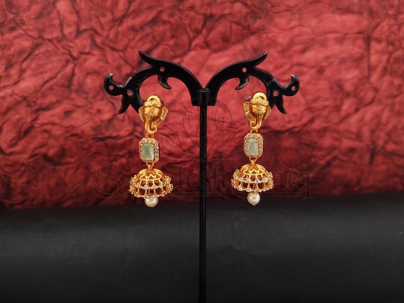 Regal Elephant Motif Jhumkas with Embellished Stones - swadeshsouq.com