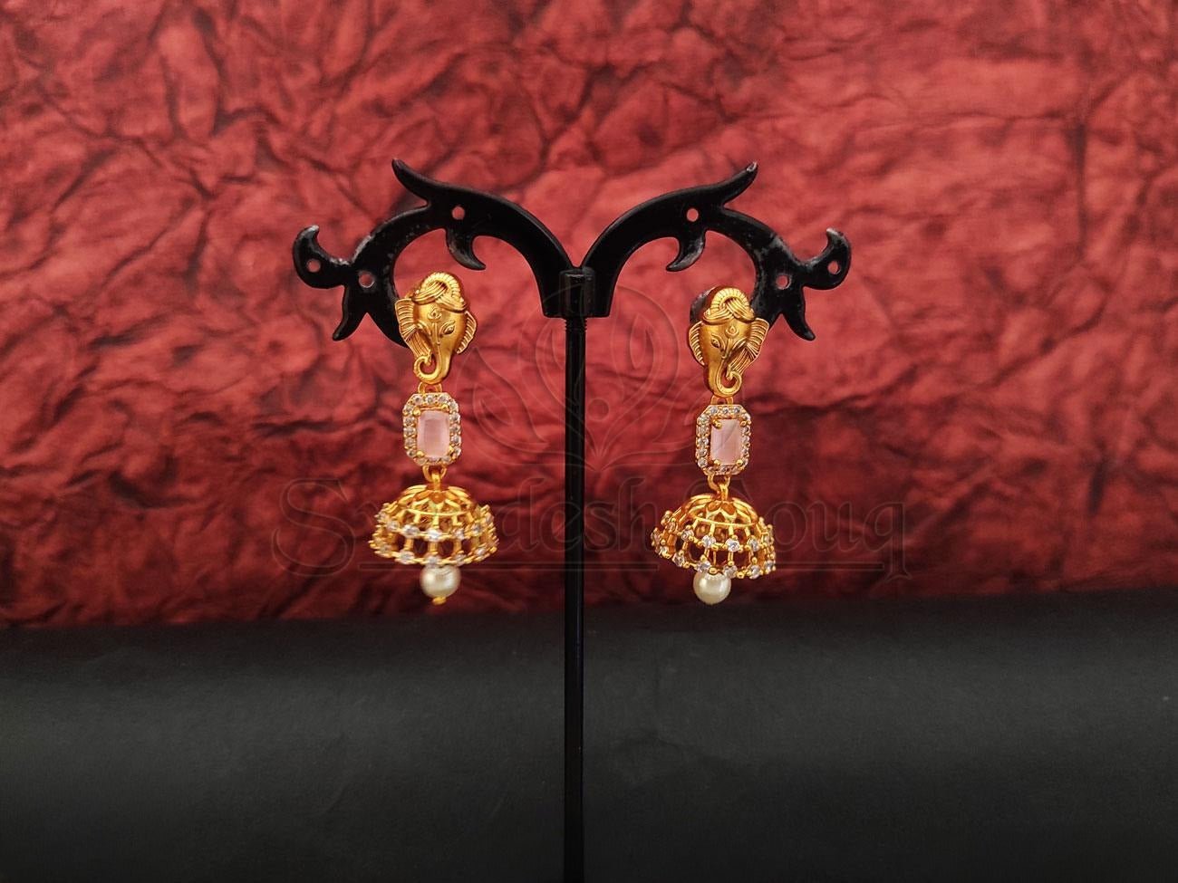 Regal Elephant Motif Jhumkas with Embellished Stones - swadeshsouq.com