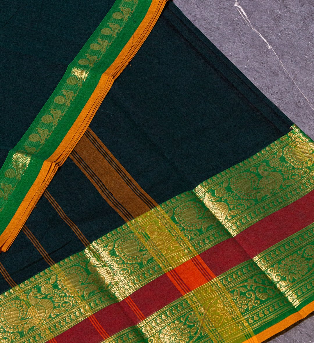 Regal Finesse: Bottle Green Chettinad Cotton Saree with Intricate Long Border Detailing - swadeshsouq.com