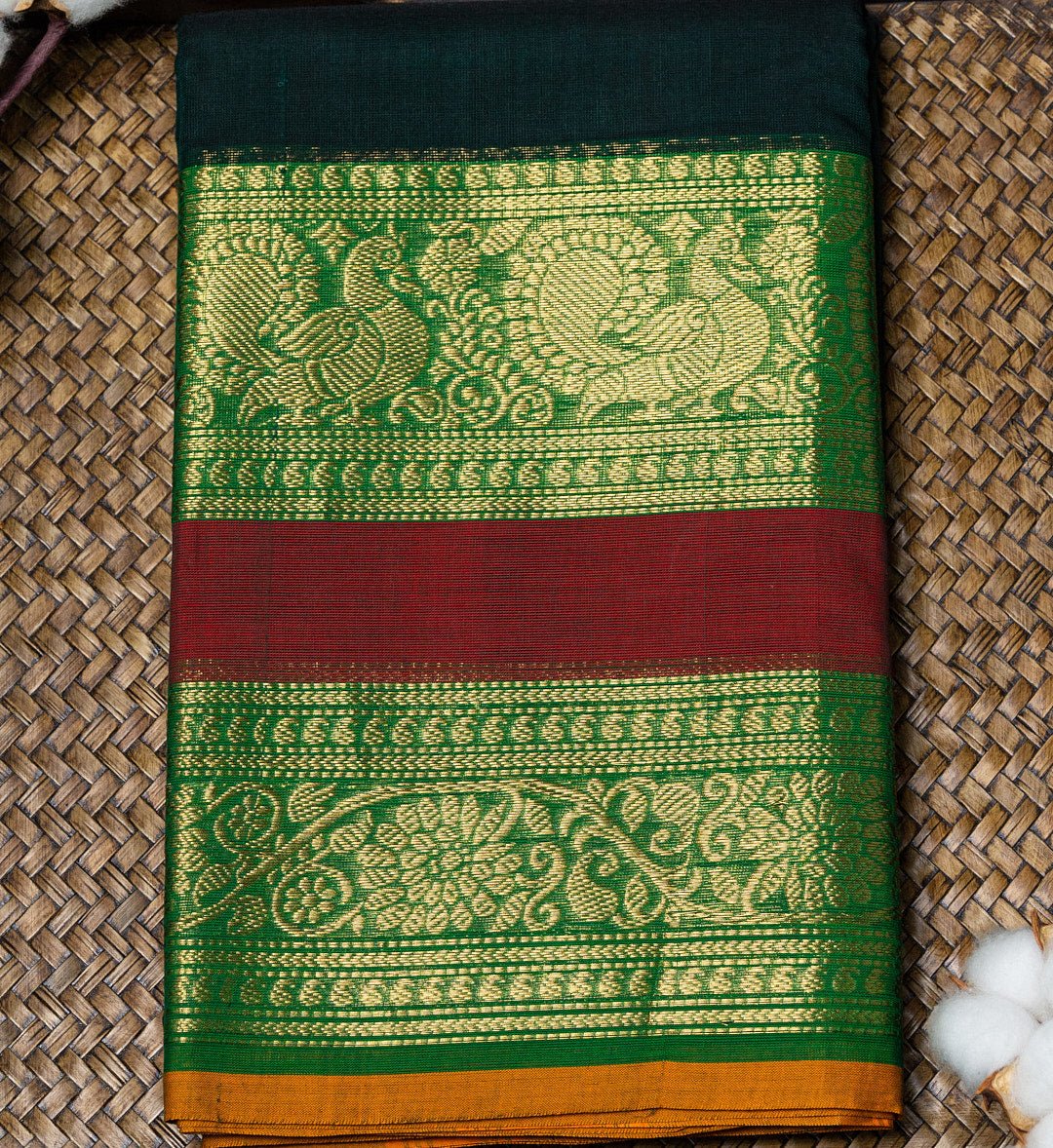 Regal Finesse: Bottle Green Chettinad Cotton Saree with Intricate Long Border Detailing - swadeshsouq.com