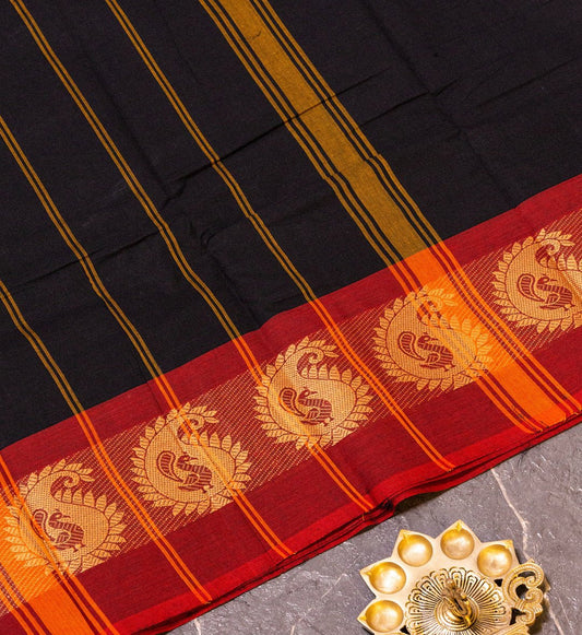 "Regal Mango" - Black and Maroon Mango Motifs Chettinad Saree - swadeshsouq.com