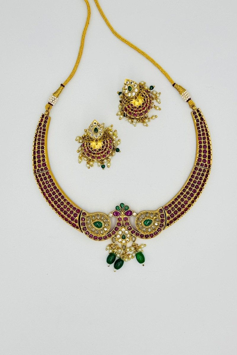 Regal Peacock Kanti Necklace with Red & Green Stones - swadeshsouq.com