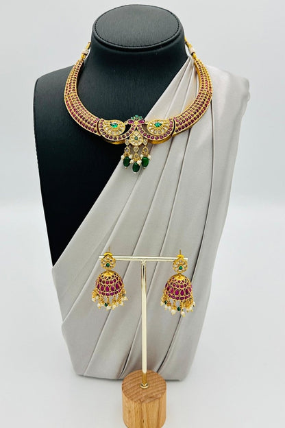 Regal Peacock Kanti Necklace with Red & Green Stones - swadeshsouq.com