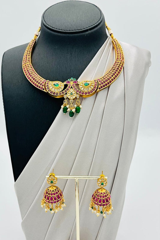 Regal Peacock Kanti Necklace with Red & Green Stones - swadeshsouq.com