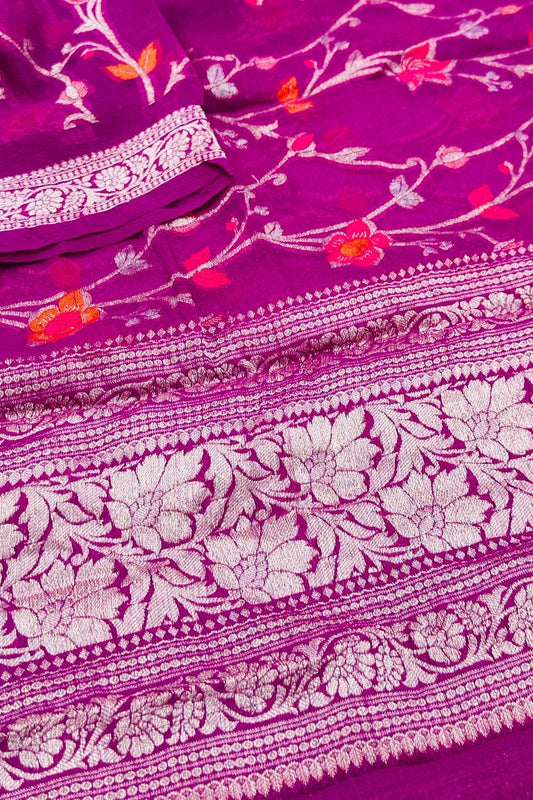 Regal Radiance: Purple Banarasi Pure Georgette Dupatta - swadeshsouq.com