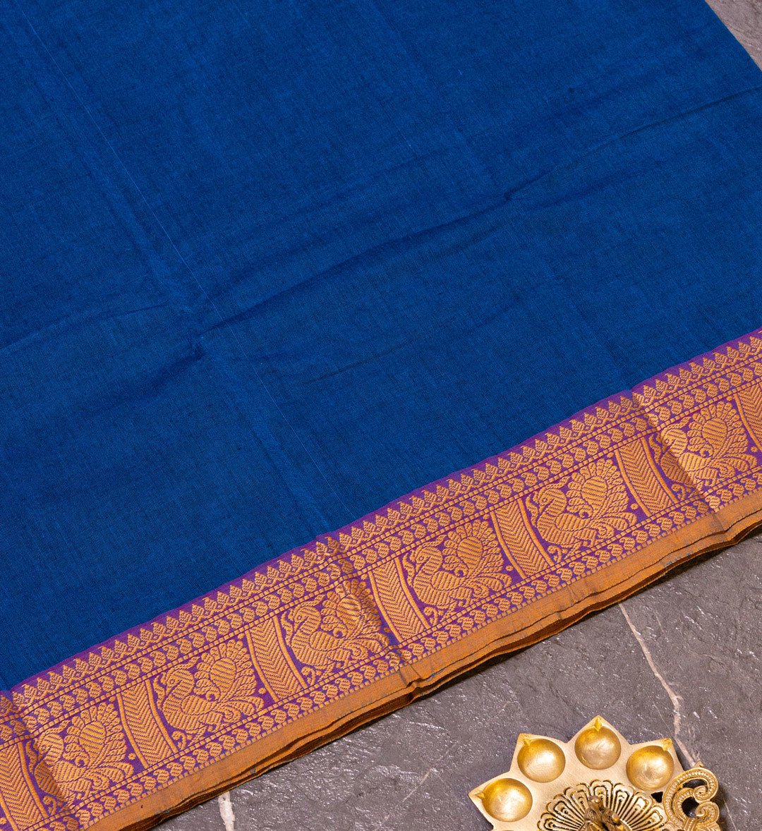 "Regal Splendor" - Ajanta Blue and Gold Thread Peacock Border Chettinad Cotton Saree - swadeshsouq.com