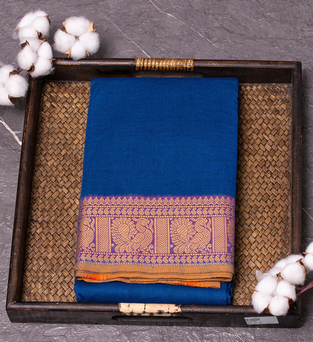 "Regal Splendor" - Ajanta Blue and Gold Thread Peacock Border Chettinad Cotton Saree - swadeshsouq.com