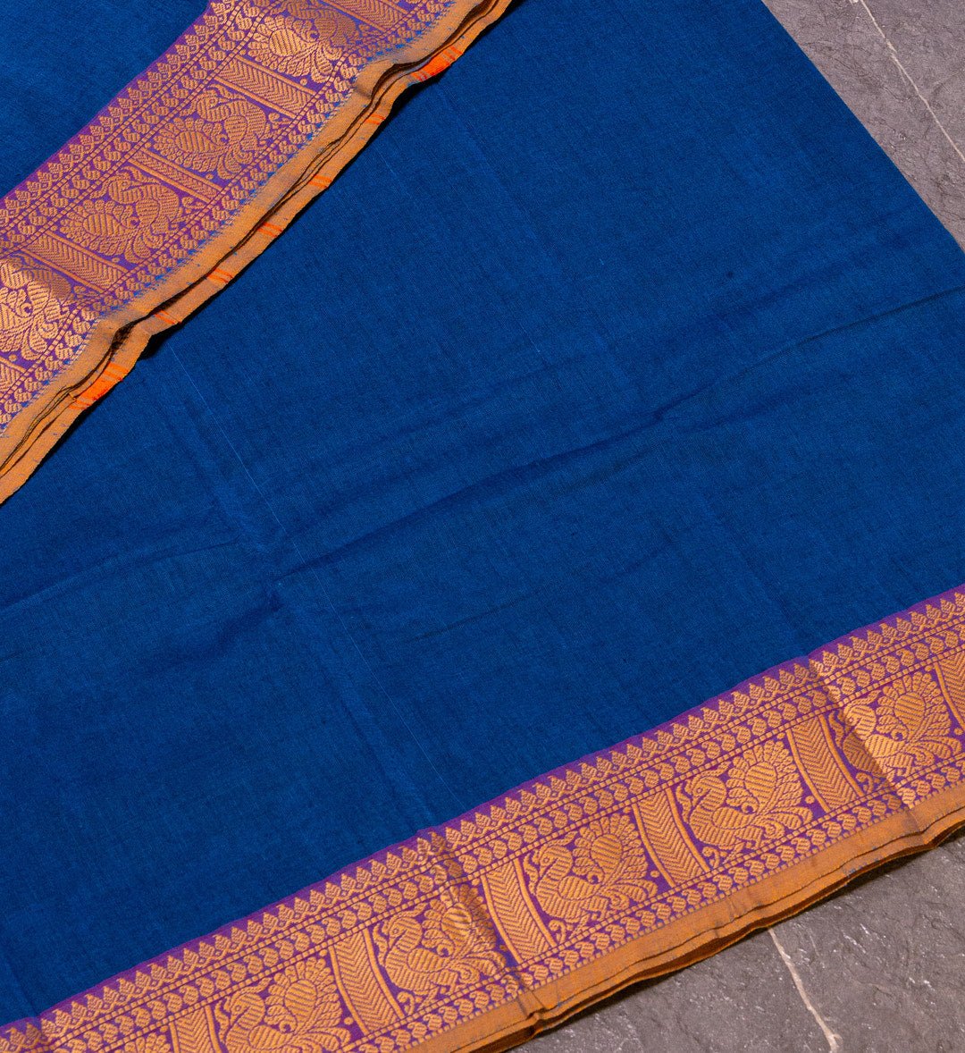 "Regal Splendor" - Ajanta Blue and Gold Thread Peacock Border Chettinad Cotton Saree - swadeshsouq.com