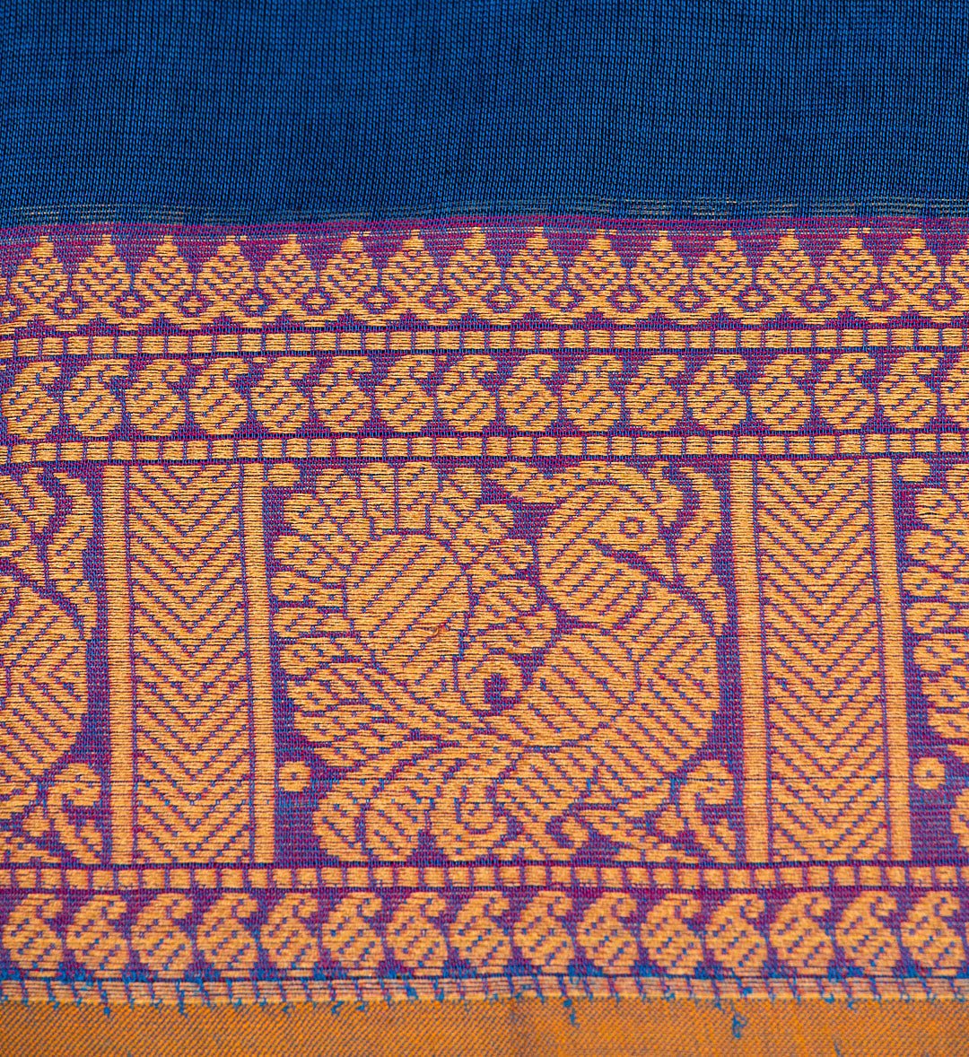 "Regal Splendor" - Ajanta Blue and Gold Thread Peacock Border Chettinad Cotton Saree - swadeshsouq.com