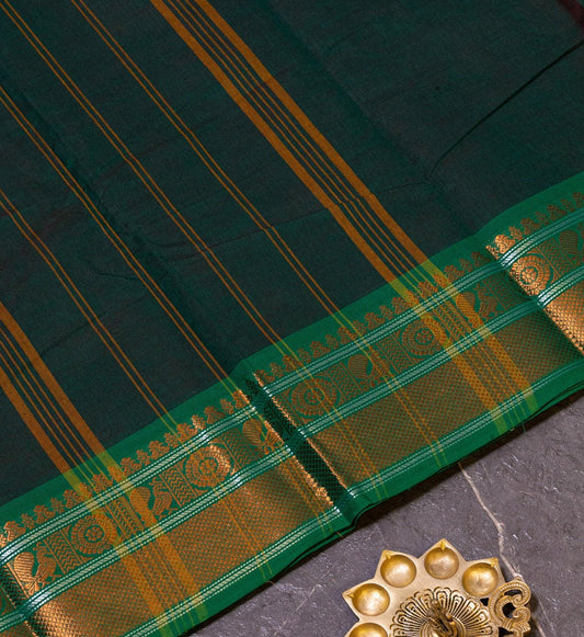 Rich Elegance: Embrace Timeless Beauty with the Dark Green Zari Border Plain Chettinad Cotton Saree - swadeshsouq.com