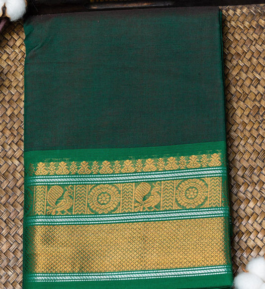 Rich Elegance: Embrace Timeless Beauty with the Dark Green Zari Border Plain Chettinad Cotton Saree - swadeshsouq.com