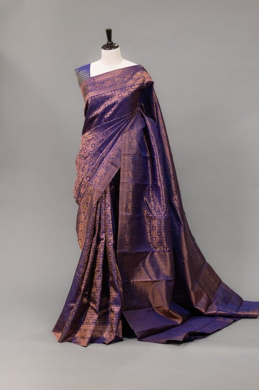 Royal Blue Kanjeevaram Silk Saree with Copper Zari and Peacock Motifs - swadeshsouq.com