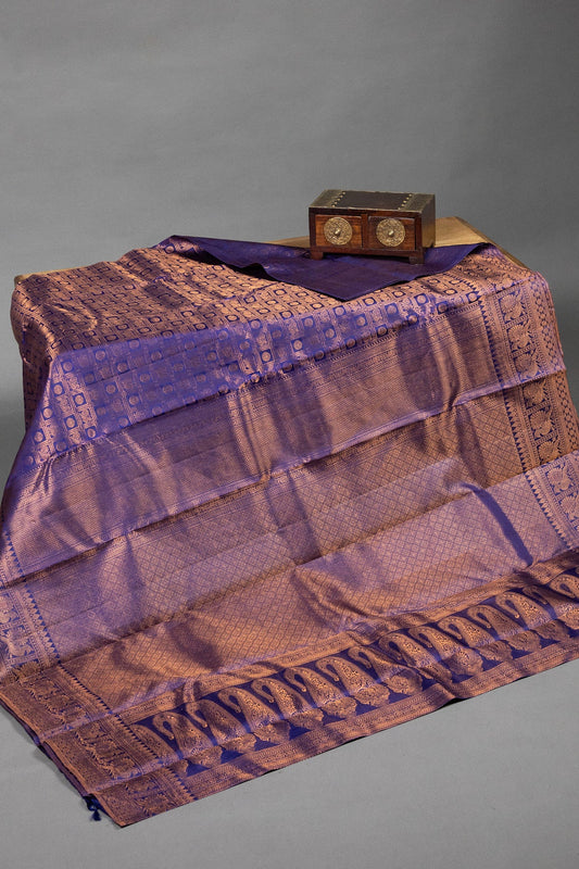 Royal Blue Kanjeevaram Silk Saree with Copper Zari and Peacock Motifs - swadeshsouq.com