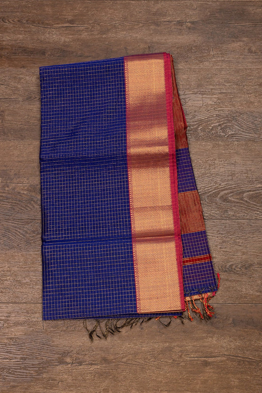 Royal Blue & Pink Maheshwari Silk-Cotton Saree with Zari Checks - swadeshsouq.com