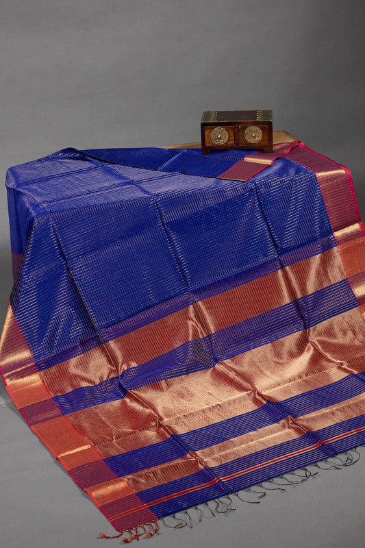 Royal Blue & Pink Maheshwari Silk-Cotton Saree with Zari Checks - swadeshsouq.com