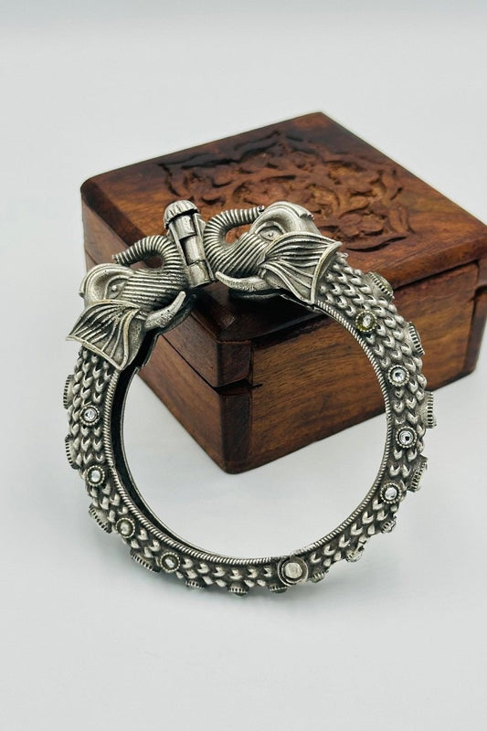 Royalty Personified: Elephant Design Kada with White Stones in Oxidized Silver. - swadeshsouq.com