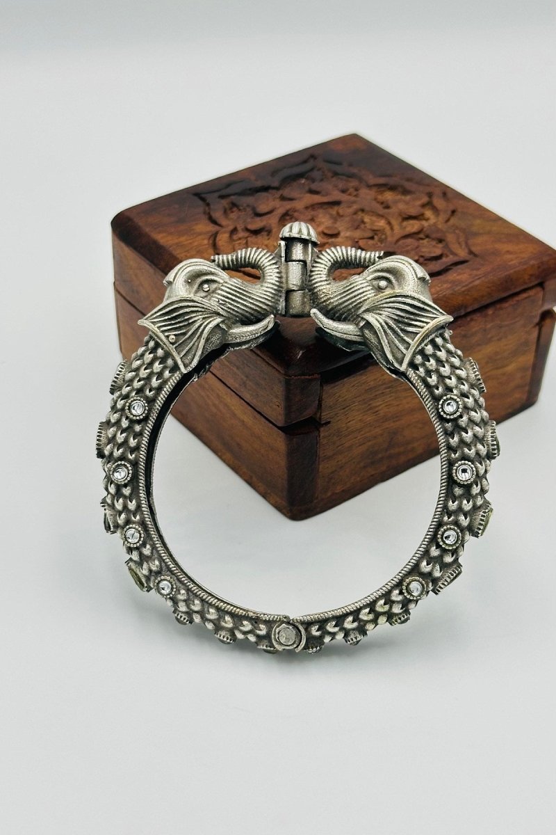 Royalty Personified: Elephant Design Kada with White Stones in Oxidized Silver. - swadeshsouq.com