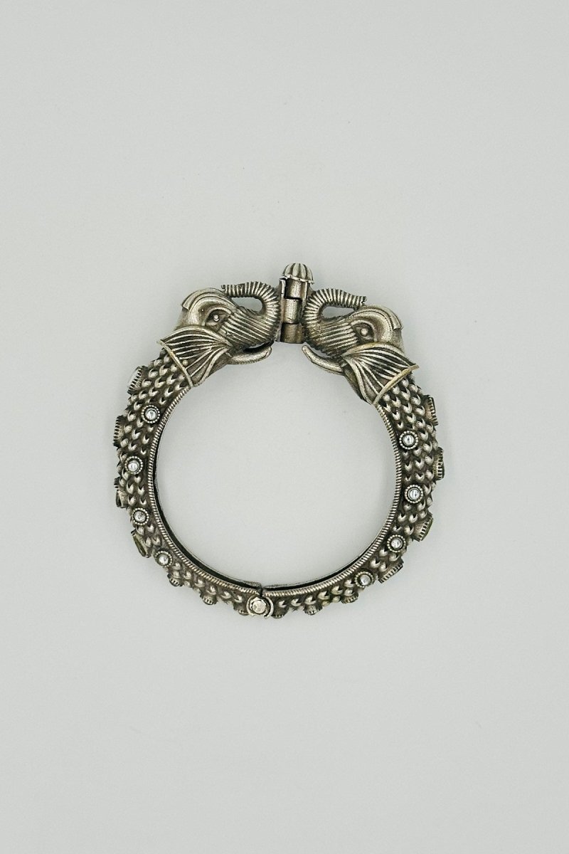 Royalty Personified: Elephant Design Kada with White Stones in Oxidized Silver. - swadeshsouq.com