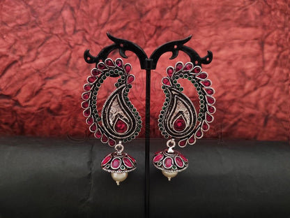 Ruby and Emerald Embellished Oxidised Silver Earrings with Jhumka and Pearl Detail. - swadeshsouq.com